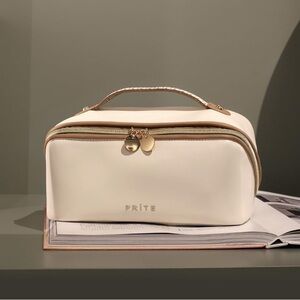 Prite Makeup Bag Travel Waterproof Vegan Leather Cosmetic Bag Open Flat